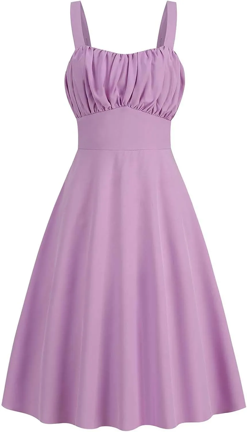 Summer Wedding Guest Dress for Teens Vintage Sleeveless Solid Ruched Cute A-Line Flowy Swing Midi Dress