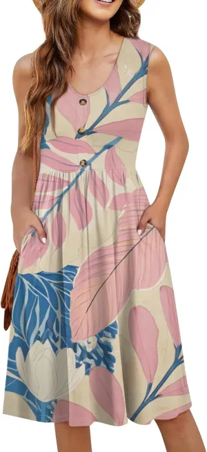 Sun Dresses for Women 2025 Summer Casual Sleeveless Button Beach Dresses Trendy Solid Color V Neck Dress with Pocket