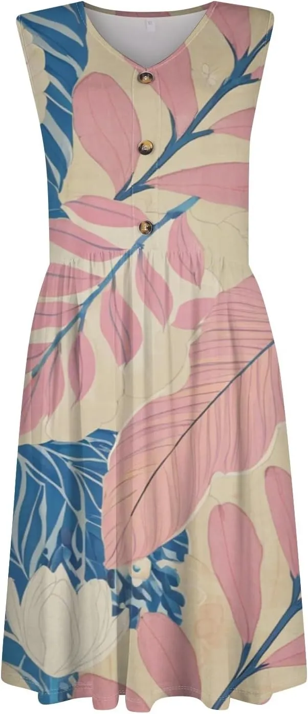 Sun Dresses for Women 2025 Summer Casual Sleeveless Button Beach Dresses Trendy Solid Color V Neck Dress with Pocket
