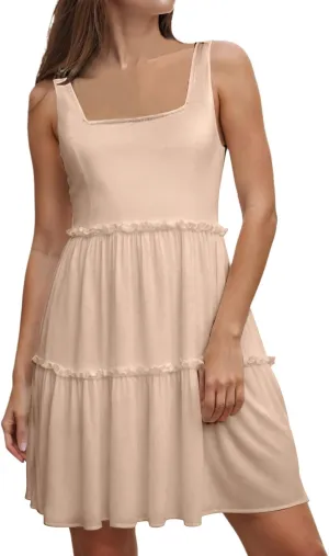 Sun Dresses for Women 2025 Vacation Sleeveless Smocked Tiered Short Dress Casaul a Line Square Neck Mini Dresses