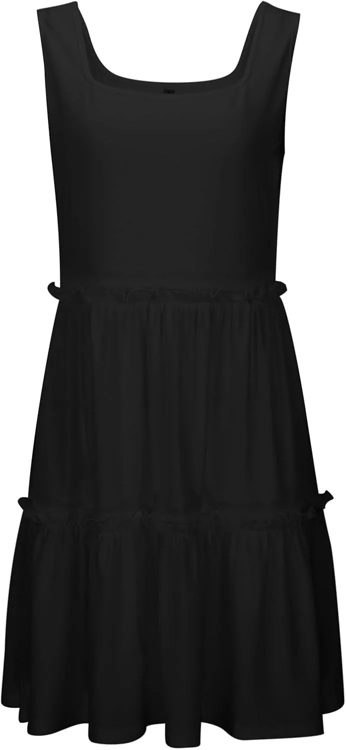 Sun Dresses for Women 2025 Vacation Sleeveless Smocked Tiered Short Dress Casaul a Line Square Neck Mini Dresses