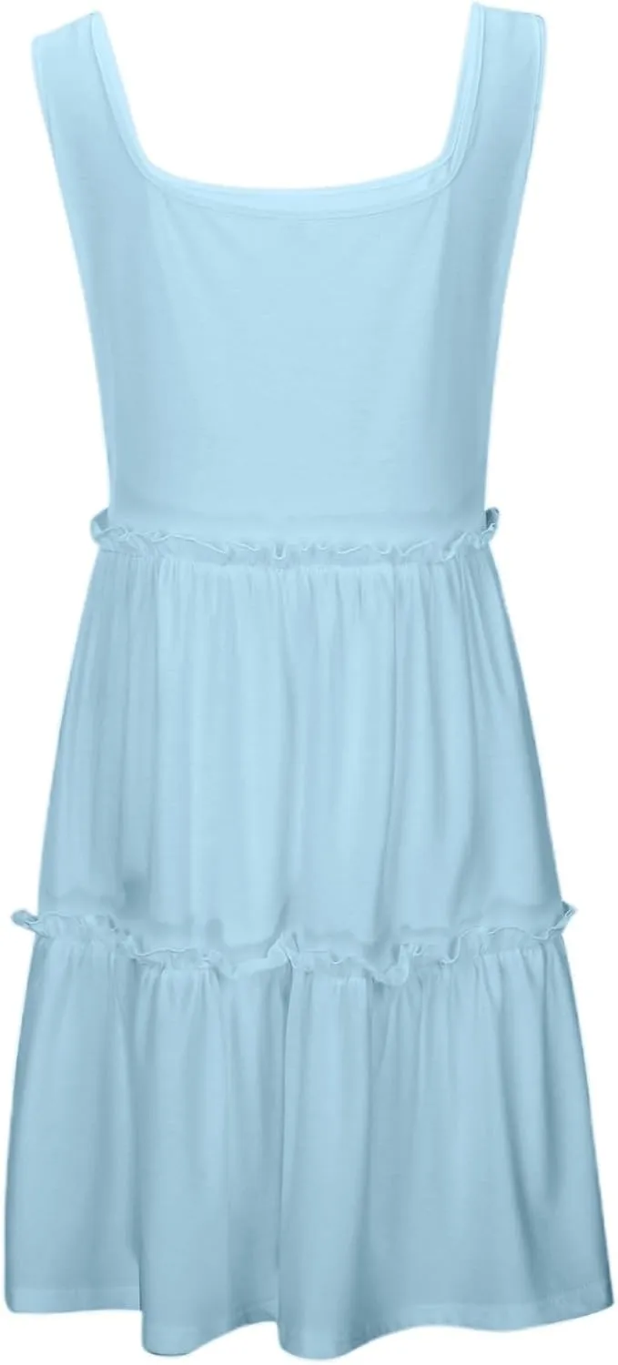 Sun Dresses for Women 2025 Vacation Sleeveless Smocked Tiered Short Dress Casaul a Line Square Neck Mini Dresses