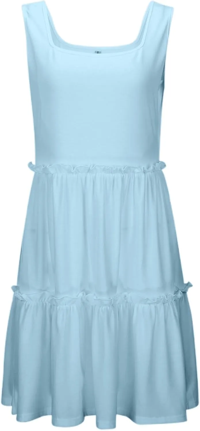 Sun Dresses for Women 2025 Vacation Sleeveless Smocked Tiered Short Dress Casaul a Line Square Neck Mini Dresses