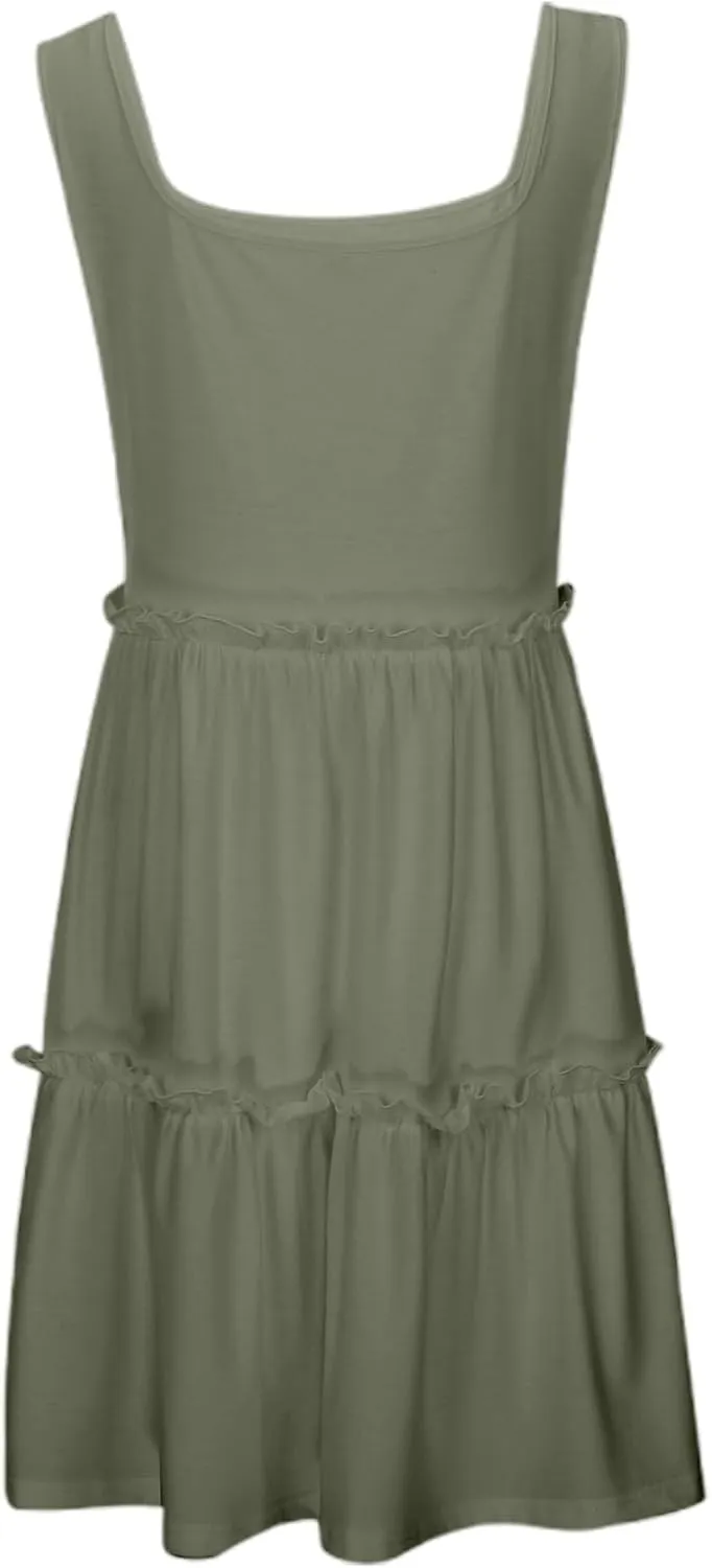 Sun Dresses for Women 2025 Vacation Sleeveless Smocked Tiered Short Dress Casaul a Line Square Neck Mini Dresses