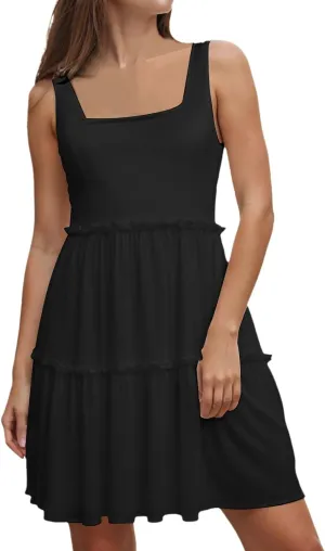 Sun Dresses for Women 2025 Vacation Sleeveless Smocked Tiered Short Dress Casaul a Line Square Neck Mini Dresses