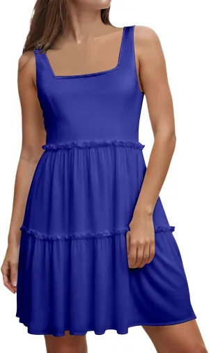 Sun Dresses for Women 2025 Vacation Sleeveless Smocked Tiered Short Dress Casaul a Line Square Neck Mini Dresses