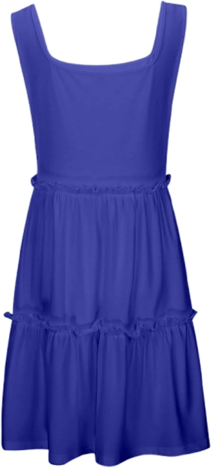 Sun Dresses for Women 2025 Vacation Sleeveless Smocked Tiered Short Dress Casaul a Line Square Neck Mini Dresses