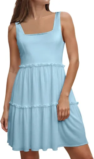 Sun Dresses for Women 2025 Vacation Sleeveless Smocked Tiered Short Dress Casaul a Line Square Neck Mini Dresses