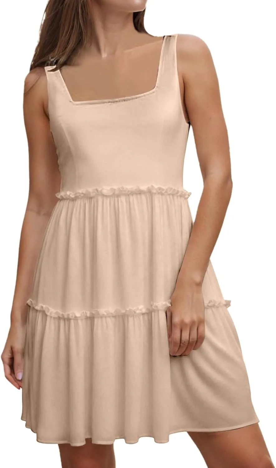 Sun Dresses for Women 2025 Vacation Sleeveless Smocked Tiered Short Dress Casaul a Line Square Neck Mini Dresses