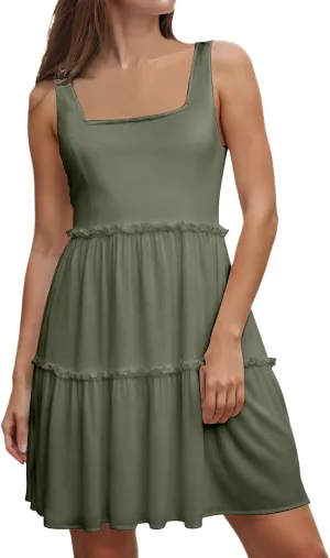 Sun Dresses for Women 2025 Vacation Sleeveless Smocked Tiered Short Dress Casaul a Line Square Neck Mini Dresses