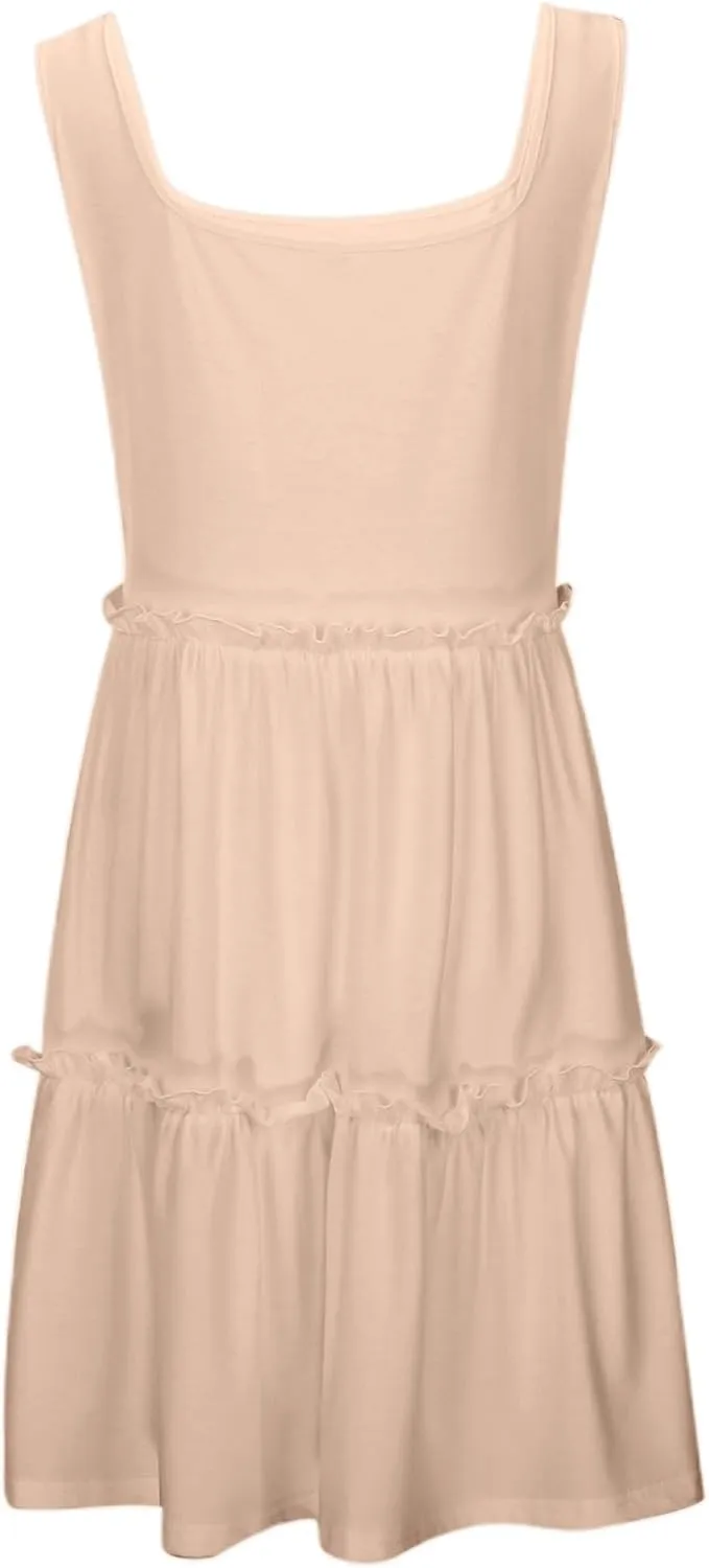 Sun Dresses for Women 2025 Vacation Sleeveless Smocked Tiered Short Dress Casaul a Line Square Neck Mini Dresses