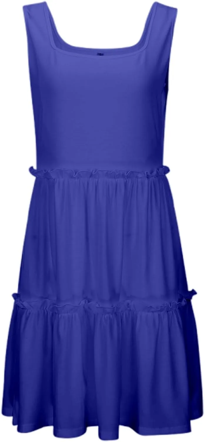 Sun Dresses for Women 2025 Vacation Sleeveless Smocked Tiered Short Dress Casaul a Line Square Neck Mini Dresses