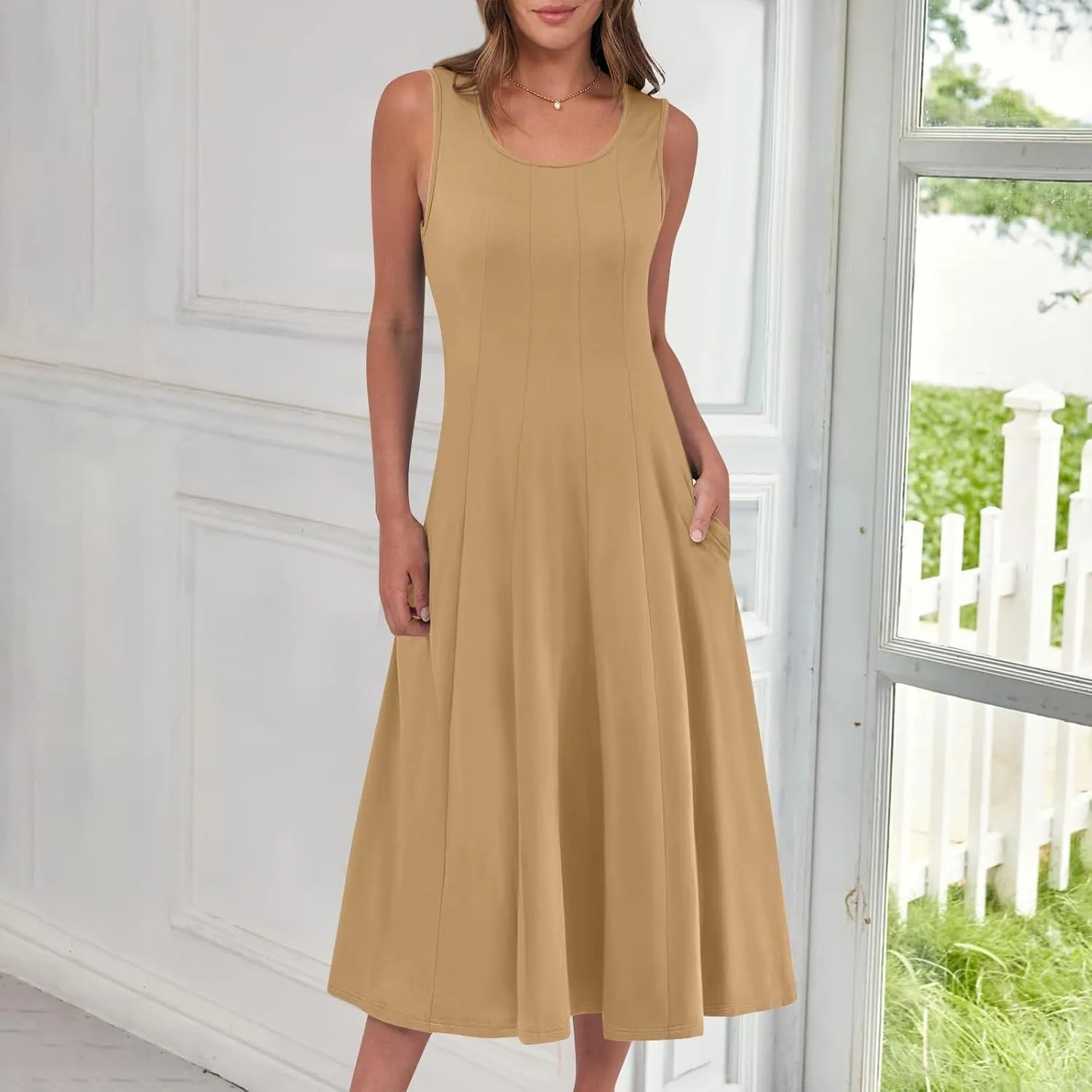 Sundresses for Women 2025 Trendy Crewneck Sleeve Summer Dresses Flowy Midi Dress Fashion Beach Vacation Outfits