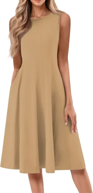 Sundresses for Women 2025 Trendy Crewneck Sleeve Summer Dresses Flowy Midi Dress Fashion Beach Vacation Outfits