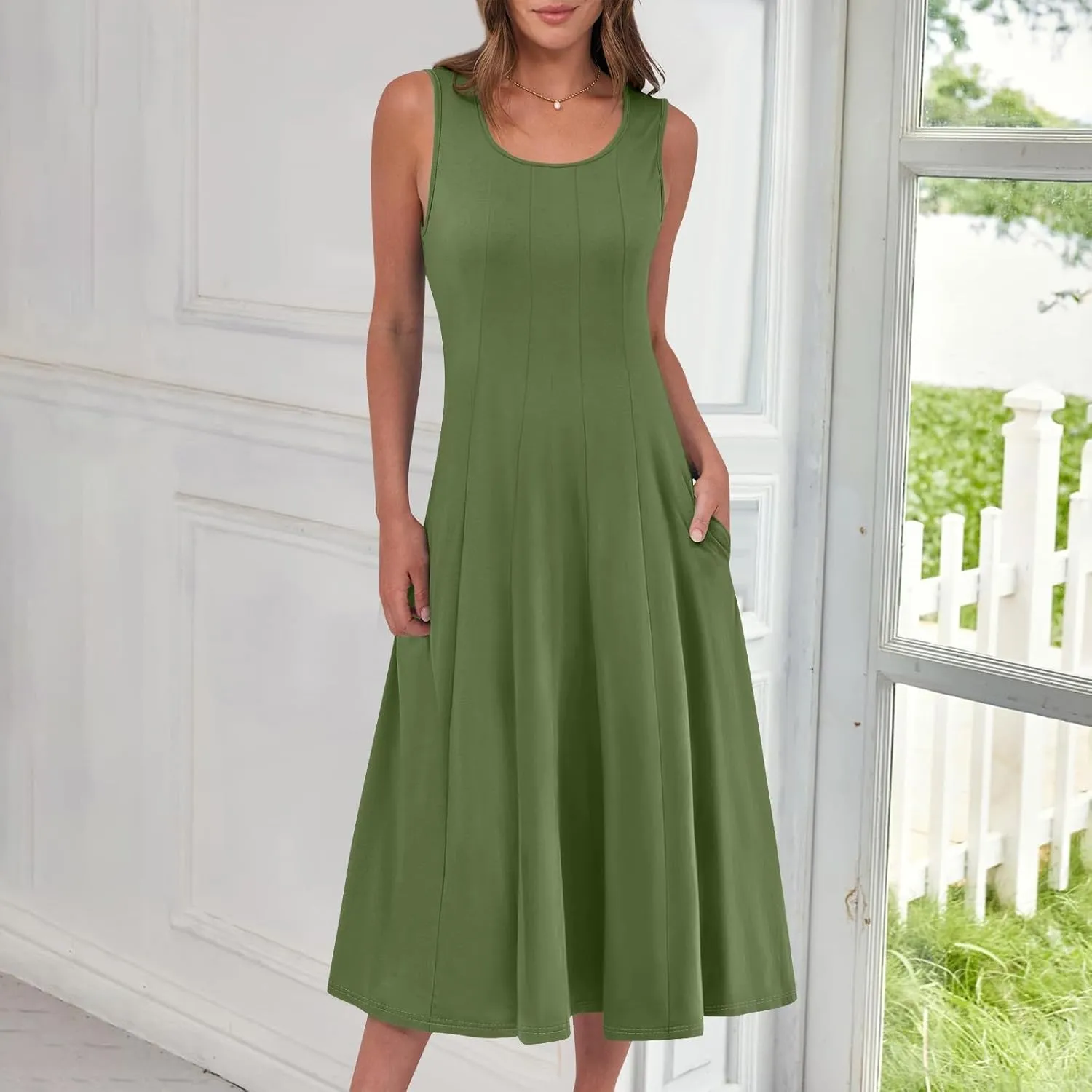 Sundresses for Women 2025 Trendy Crewneck Sleeve Summer Dresses Flowy Midi Dress Fashion Beach Vacation Outfits