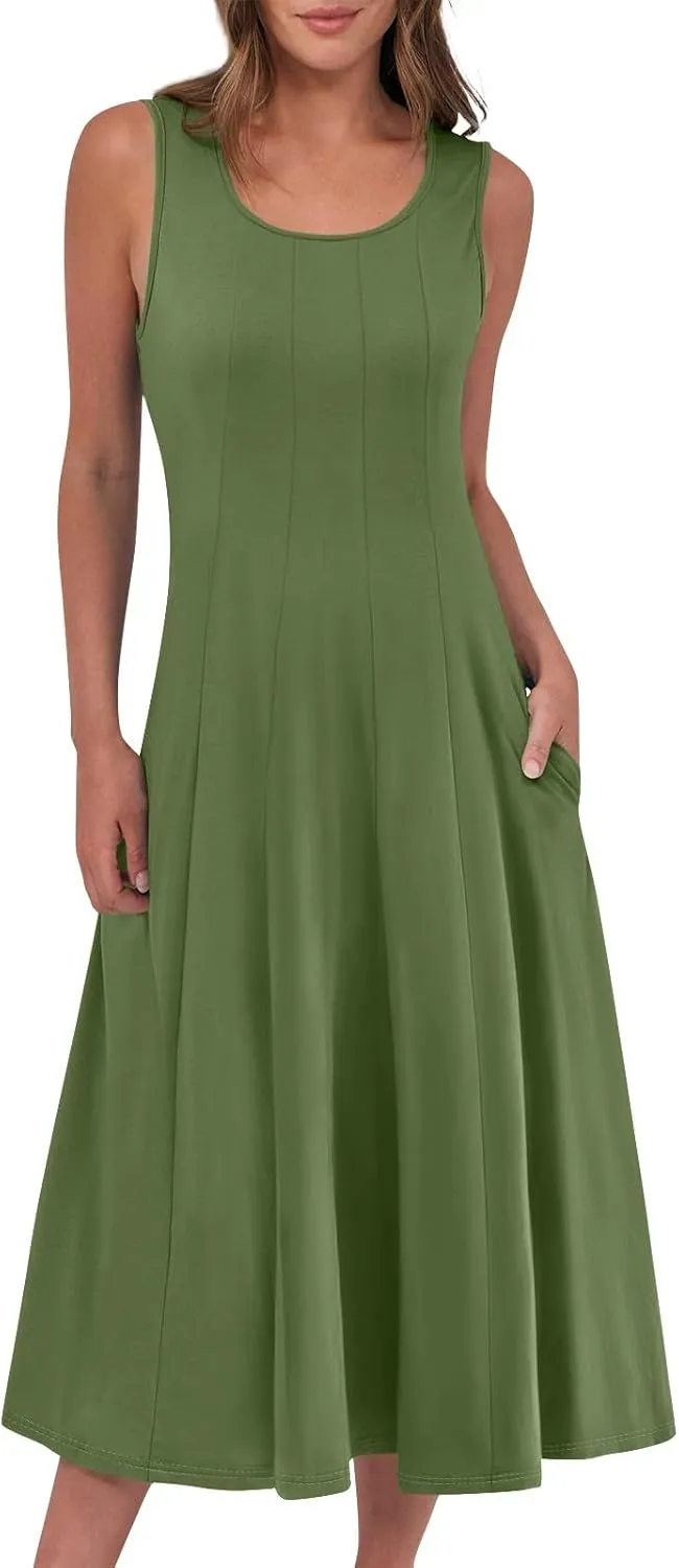 Sundresses for Women 2025 Trendy Crewneck Sleeve Summer Dresses Flowy Midi Dress Fashion Beach Vacation Outfits