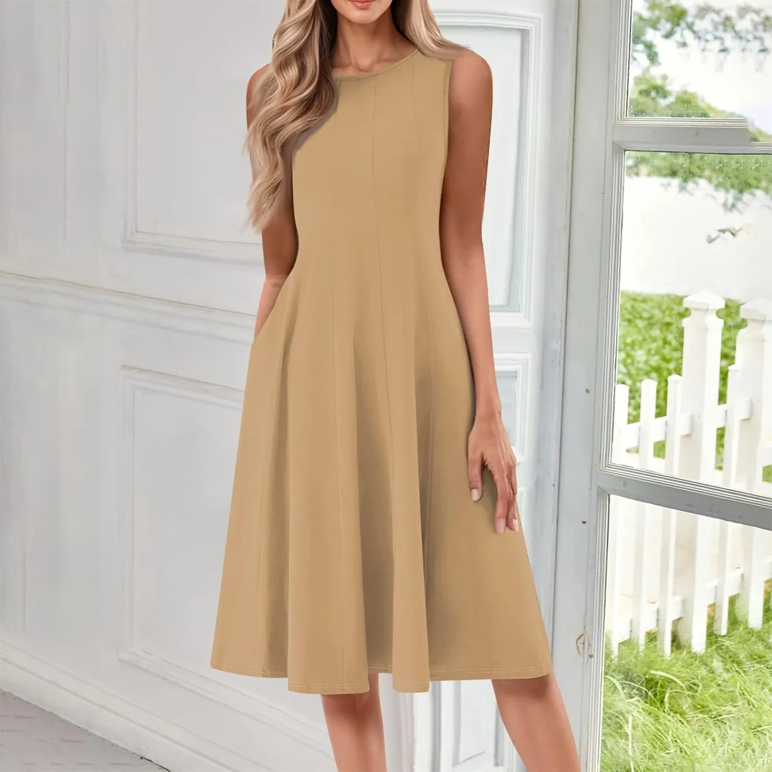 Sundresses for Women 2025 Trendy Crewneck Sleeve Summer Dresses Flowy Midi Dress Fashion Beach Vacation Outfits