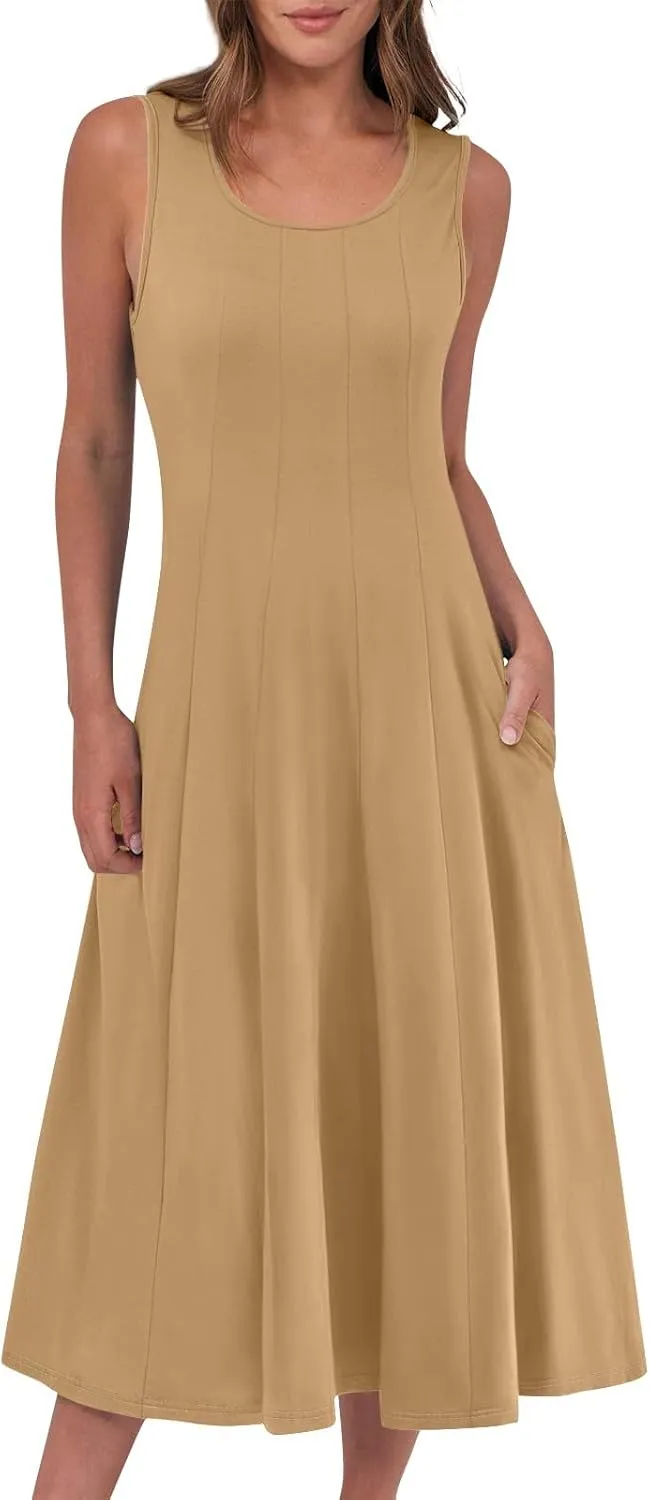 Sundresses for Women 2025 Trendy Crewneck Sleeve Summer Dresses Flowy Midi Dress Fashion Beach Vacation Outfits