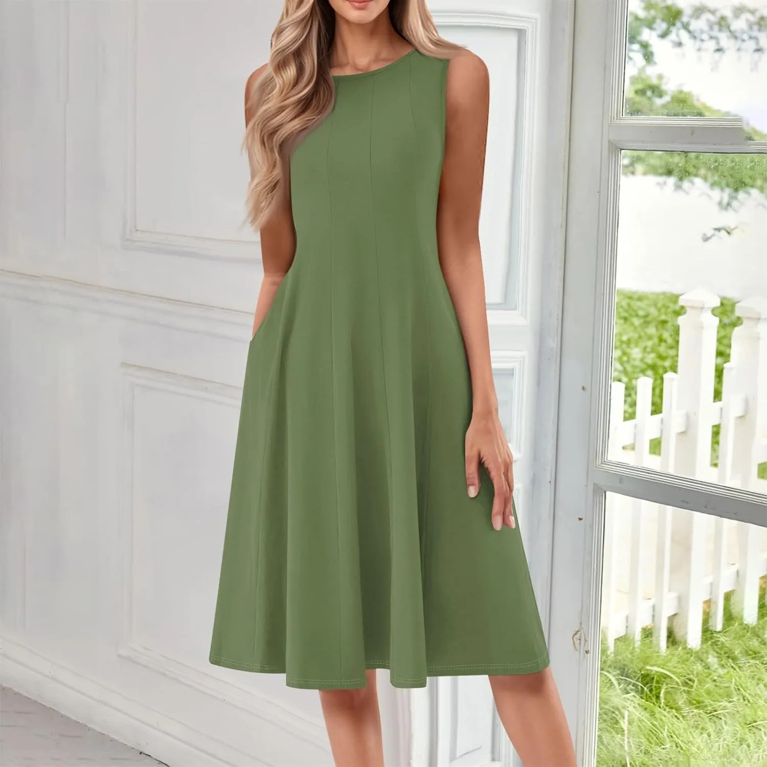 Sundresses for Women 2025 Trendy Crewneck Sleeve Summer Dresses Flowy Midi Dress Fashion Beach Vacation Outfits