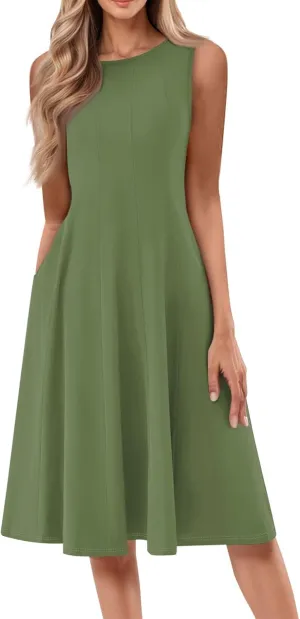 Sundresses for Women 2025 Trendy Crewneck Sleeve Summer Dresses Flowy Midi Dress Fashion Beach Vacation Outfits