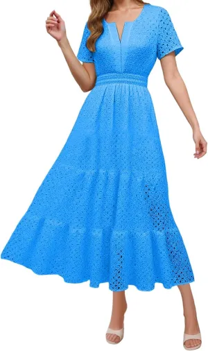 Sundresses For Women 2025 Vacation Maxi Women Summer Casual Dress Short Sleeve V Neck Ruffle Flowy Boho Beach Dresses