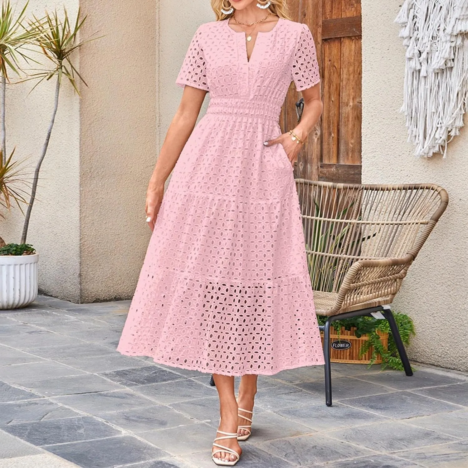 Sundresses For Women 2025 Vacation Maxi Women Summer Casual Dress Short Sleeve V Neck Ruffle Flowy Boho Beach Dresses