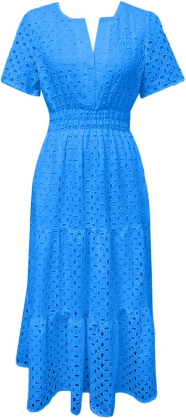 Sundresses For Women 2025 Vacation Maxi Women Summer Casual Dress Short Sleeve V Neck Ruffle Flowy Boho Beach Dresses