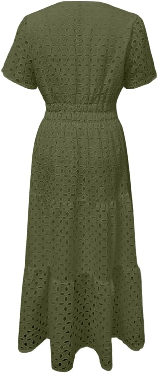 Sundresses For Women 2025 Vacation Maxi Women Summer Casual Dress Short Sleeve V Neck Ruffle Flowy Boho Beach Dresses