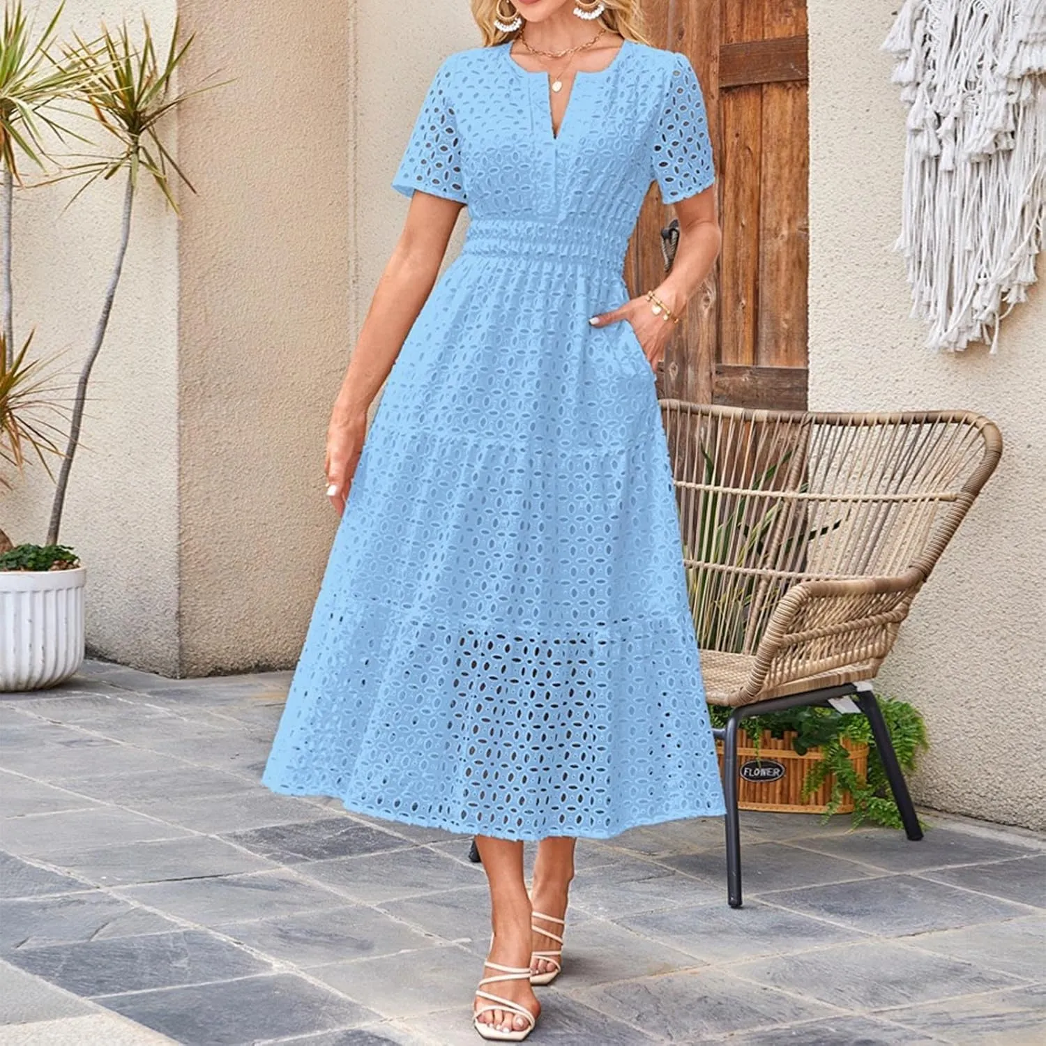 Sundresses For Women 2025 Vacation Maxi Women Summer Casual Dress Short Sleeve V Neck Ruffle Flowy Boho Beach Dresses