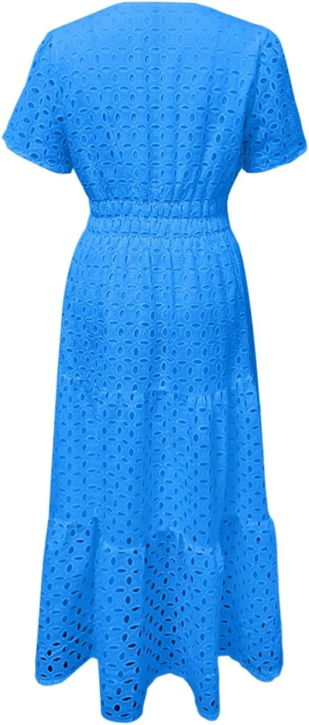 Sundresses For Women 2025 Vacation Maxi Women Summer Casual Dress Short Sleeve V Neck Ruffle Flowy Boho Beach Dresses