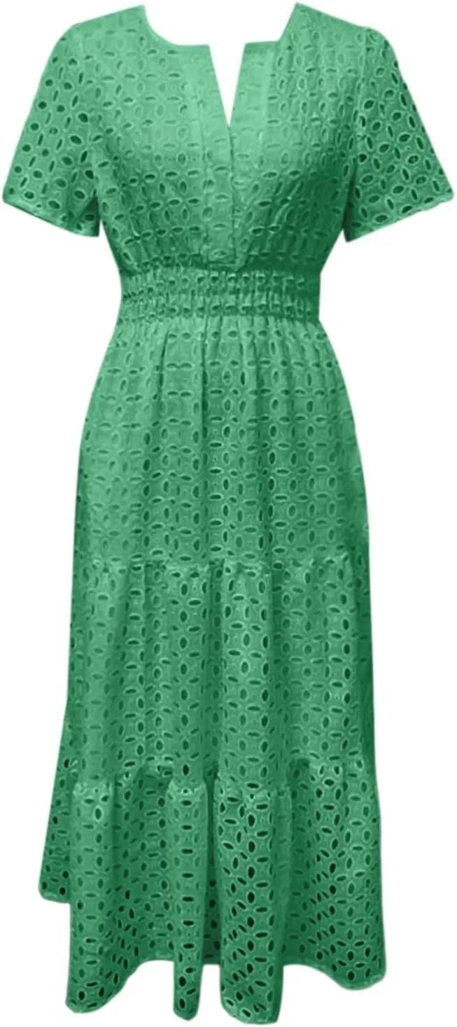 Sundresses For Women 2025 Vacation Maxi Women Summer Casual Dress Short Sleeve V Neck Ruffle Flowy Boho Beach Dresses