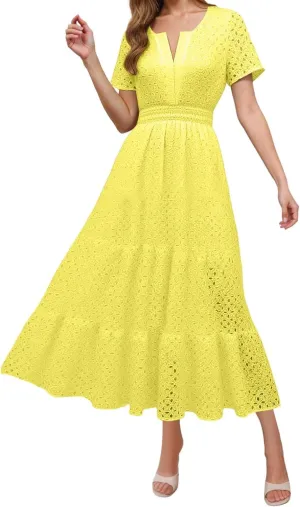 Sundresses For Women 2025 Vacation Maxi Women Summer Casual Dress Short Sleeve V Neck Ruffle Flowy Boho Beach Dresses