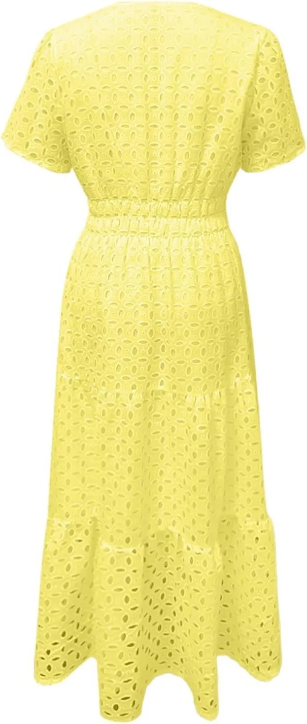 Sundresses For Women 2025 Vacation Maxi Women Summer Casual Dress Short Sleeve V Neck Ruffle Flowy Boho Beach Dresses