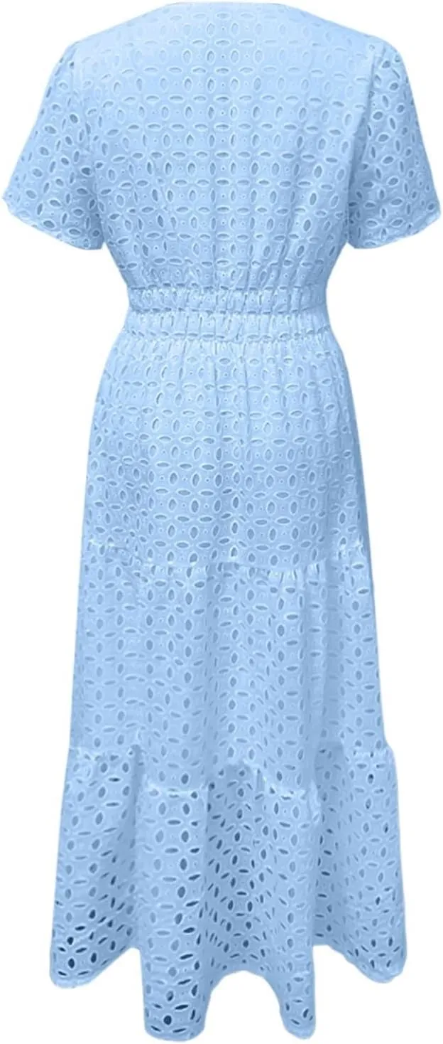 Sundresses For Women 2025 Vacation Maxi Women Summer Casual Dress Short Sleeve V Neck Ruffle Flowy Boho Beach Dresses