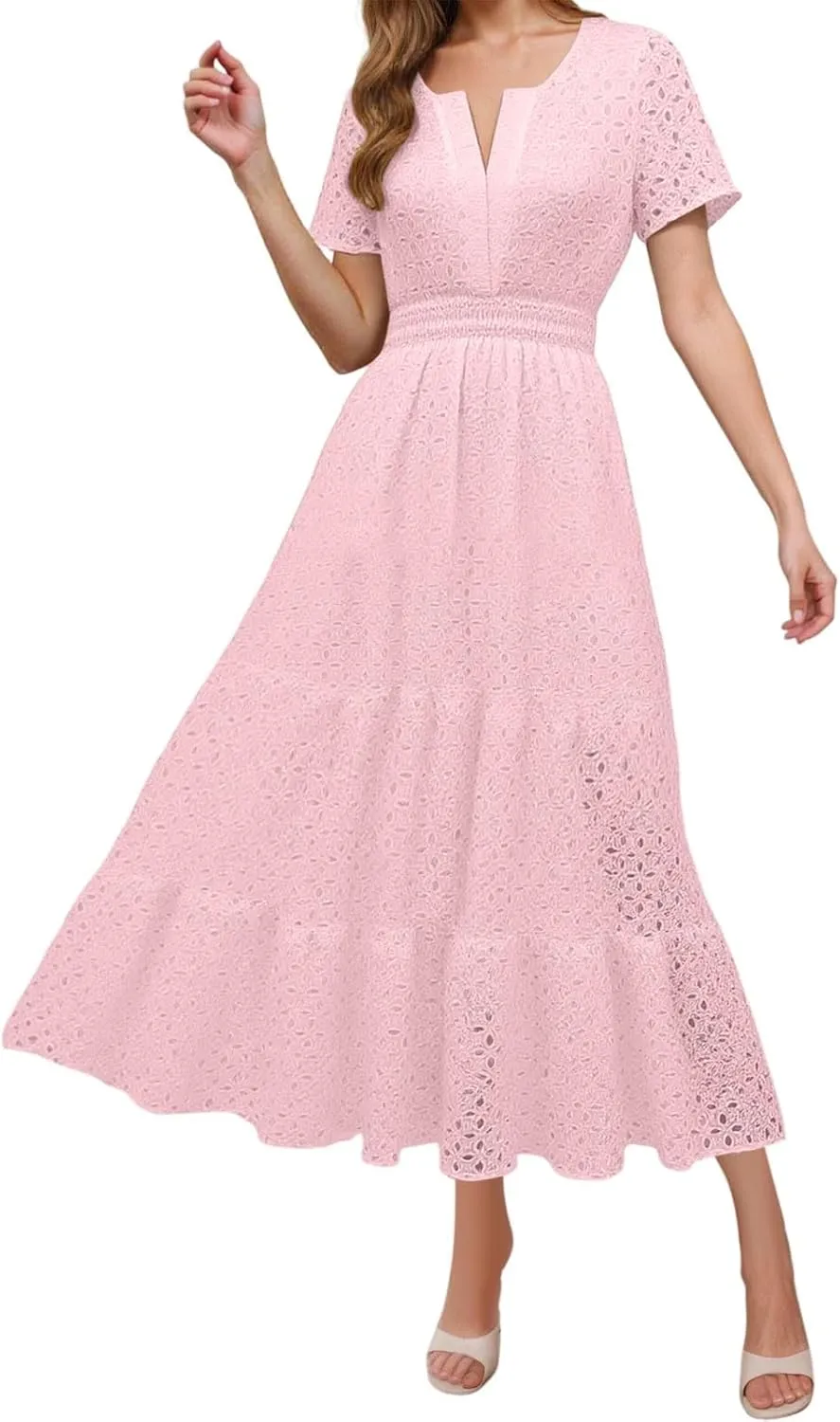 Sundresses For Women 2025 Vacation Maxi Women Summer Casual Dress Short Sleeve V Neck Ruffle Flowy Boho Beach Dresses