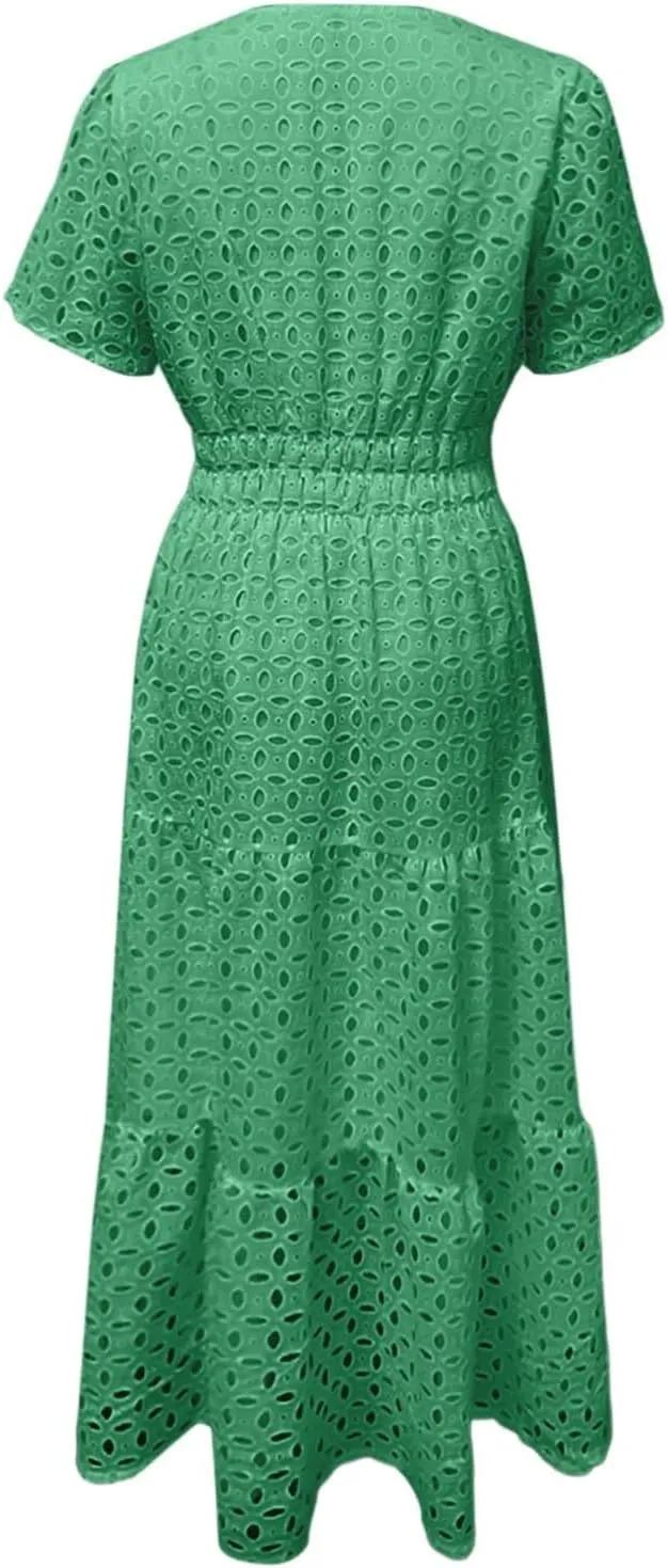 Sundresses For Women 2025 Vacation Maxi Women Summer Casual Dress Short Sleeve V Neck Ruffle Flowy Boho Beach Dresses