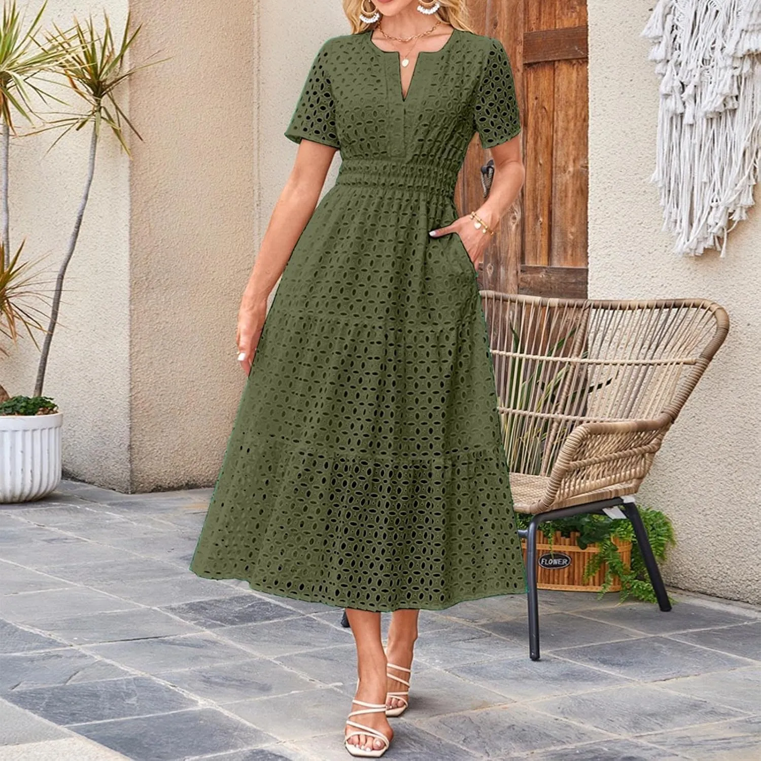 Sundresses For Women 2025 Vacation Maxi Women Summer Casual Dress Short Sleeve V Neck Ruffle Flowy Boho Beach Dresses