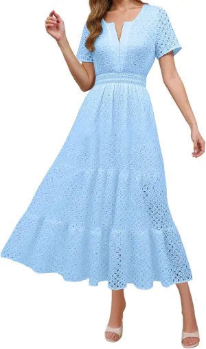 Sundresses For Women 2025 Vacation Maxi Women Summer Casual Dress Short Sleeve V Neck Ruffle Flowy Boho Beach Dresses