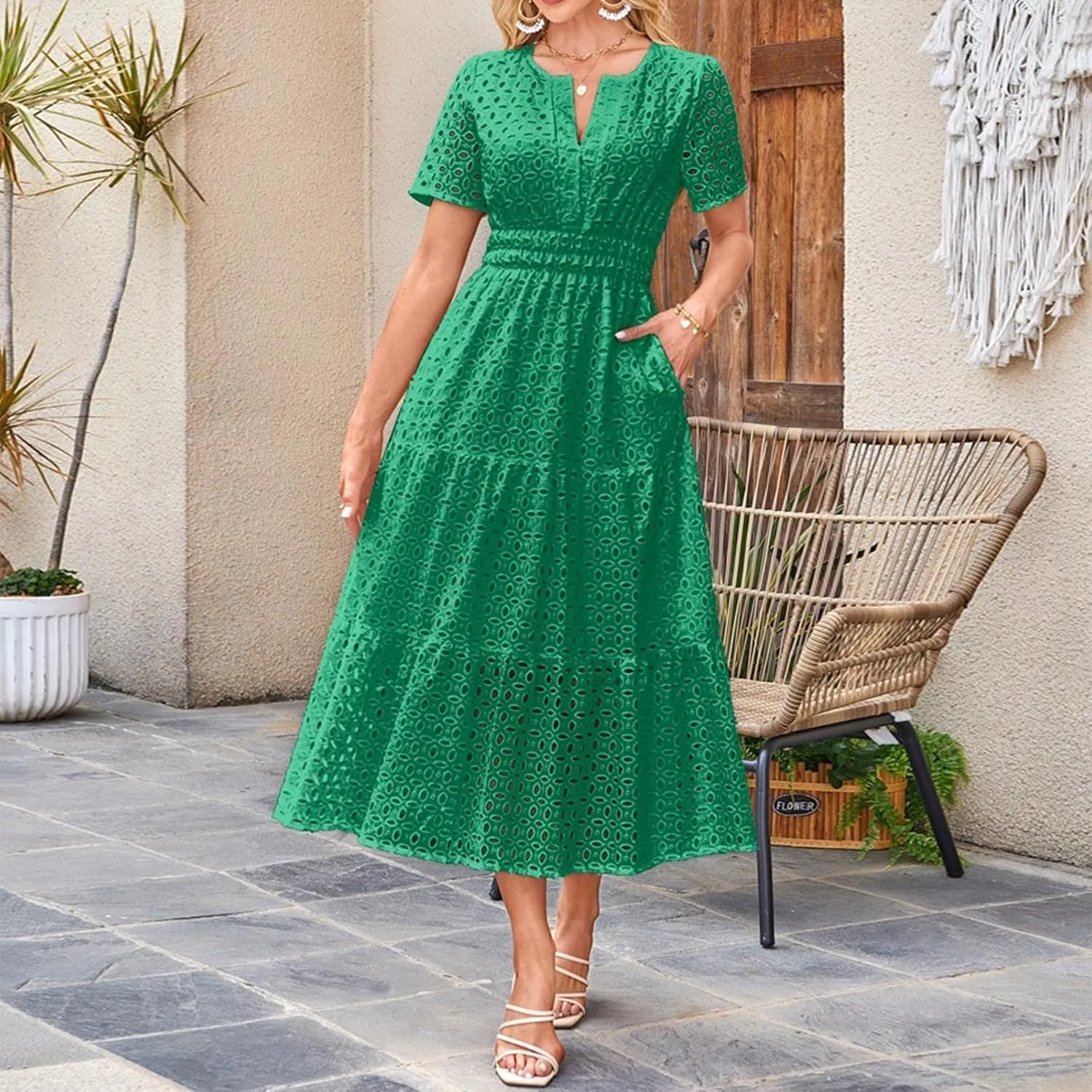 Sundresses For Women 2025 Vacation Maxi Women Summer Casual Dress Short Sleeve V Neck Ruffle Flowy Boho Beach Dresses