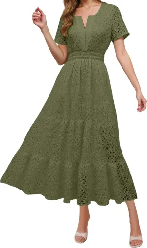 Sundresses For Women 2025 Vacation Maxi Women Summer Casual Dress Short Sleeve V Neck Ruffle Flowy Boho Beach Dresses