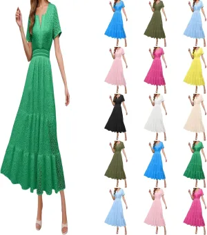 Sundresses For Women 2025 Vacation Maxi Women Summer Casual Dress Short Sleeve V Neck Ruffle Flowy Boho Beach Dresses