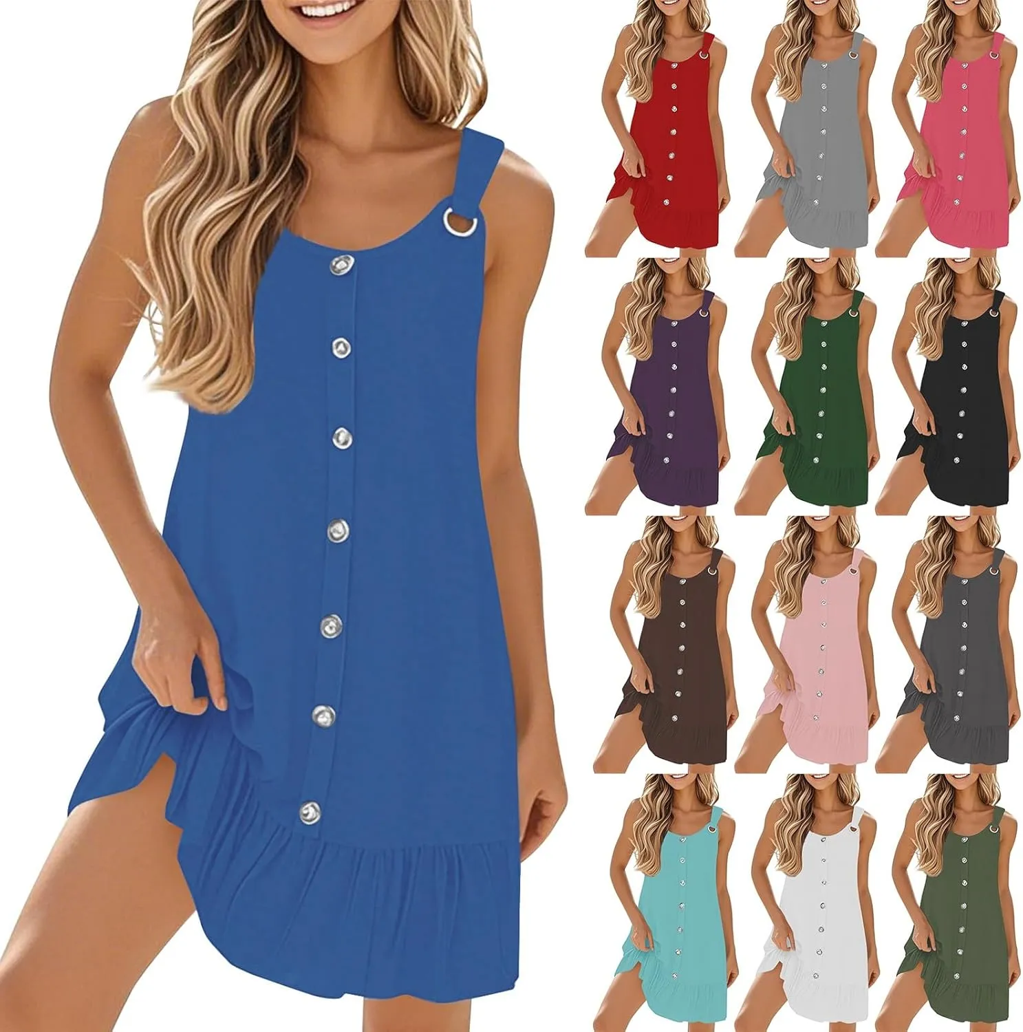 Sundresses for Women Button Down Scoop Neck Sleeveless Tank Dress Mini Ruffle Hem Loose Fit Beach Vacation Dresses