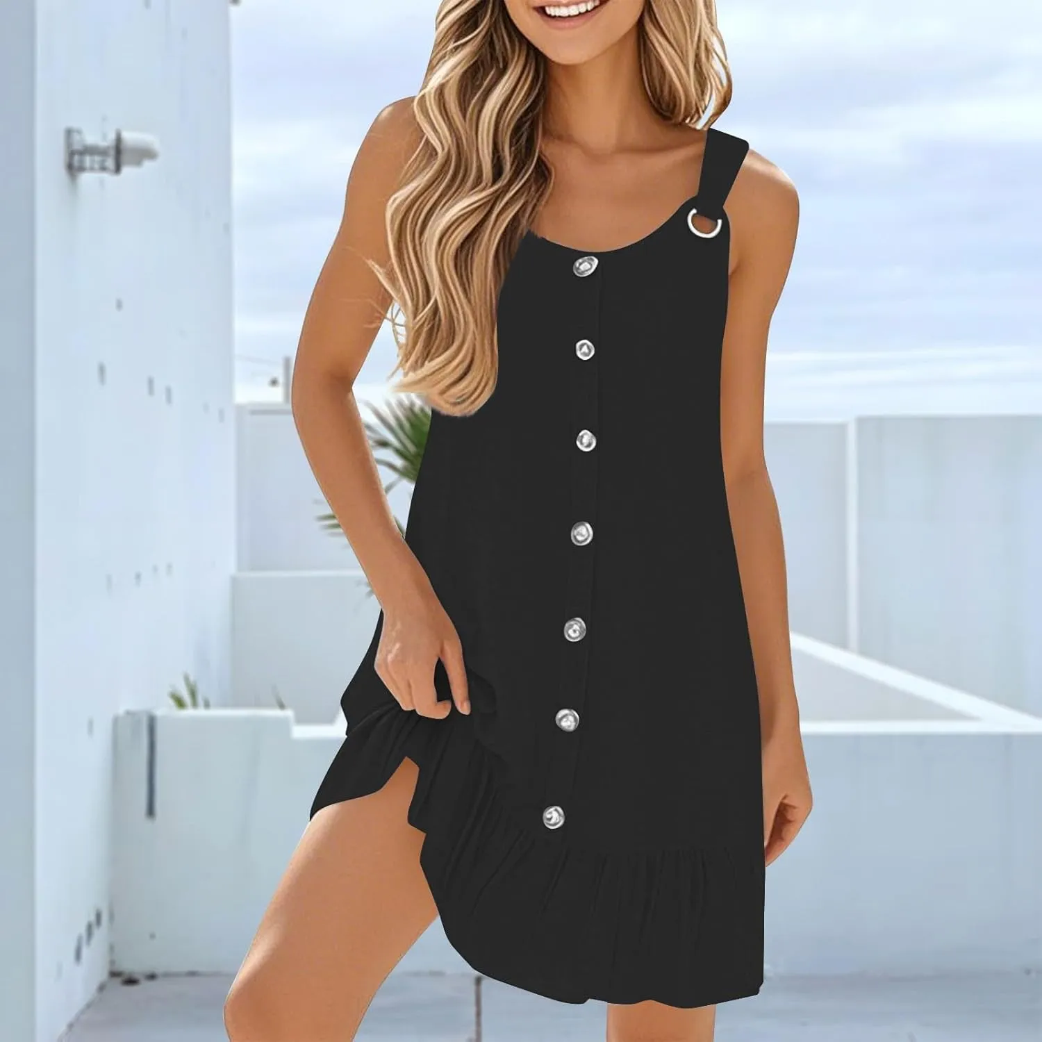 Sundresses for Women Button Down Scoop Neck Sleeveless Tank Dress Mini Ruffle Hem Loose Fit Beach Vacation Dresses