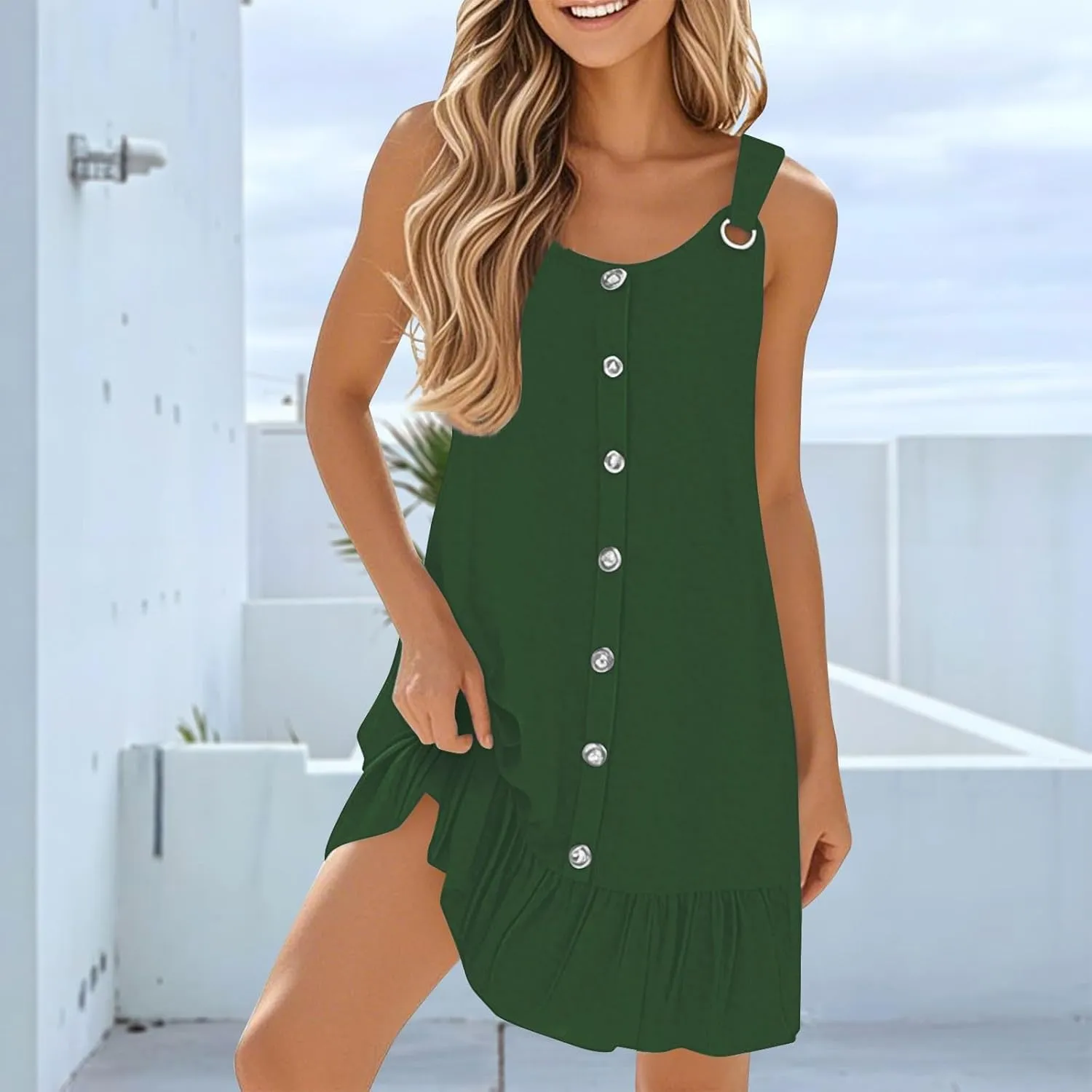 Sundresses for Women Button Down Scoop Neck Sleeveless Tank Dress Mini Ruffle Hem Loose Fit Beach Vacation Dresses