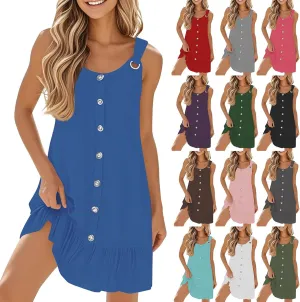 Sundresses for Women Button Down Scoop Neck Sleeveless Tank Dress Mini Ruffle Hem Loose Fit Beach Vacation Dresses
