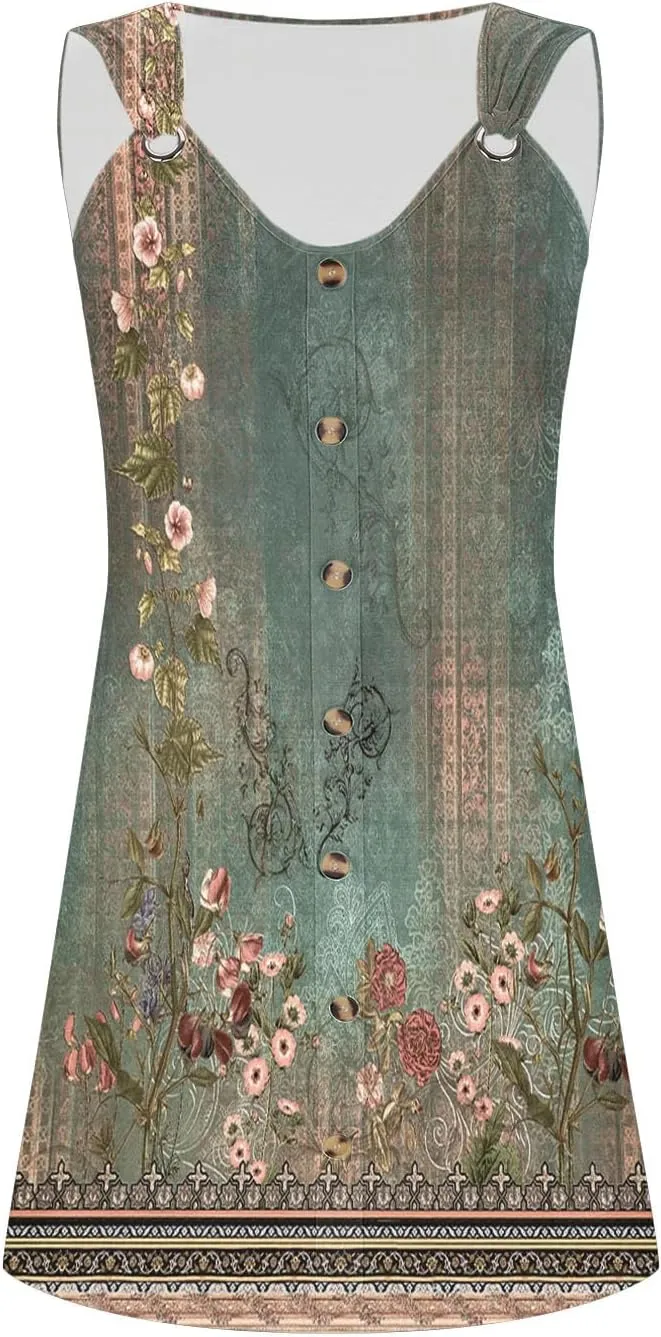Sundresses for Women Casual Sleeveless Floral Retro Short Dresses A-Line Beach Summer Dress Trendy 2025 Vacation