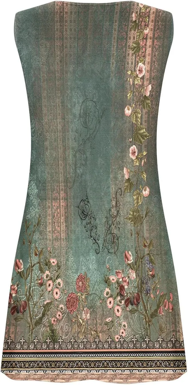 Sundresses for Women Casual Sleeveless Floral Retro Short Dresses A-Line Beach Summer Dress Trendy 2025 Vacation