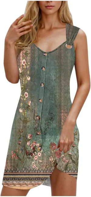 Sundresses for Women Casual Sleeveless Floral Retro Short Dresses A-Line Beach Summer Dress Trendy 2025 Vacation