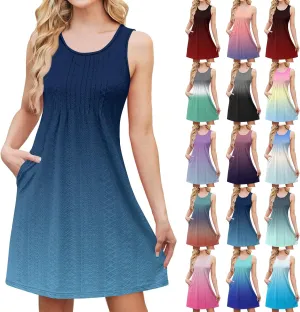 Sundresses for Women Scoop Neck Sleeveless Tank Dress Tie Dye Mini A Line Summer Beach Vacation Dresses with Pocket