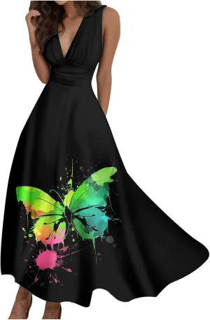 Sundresses for Women,2025 Summer Sleeveless Tank Long Dress Floral V Neck Maxi Dress Plus Size Flowy Midi Dresses